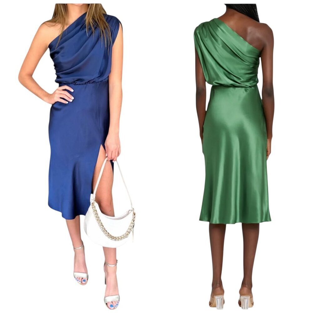 Amanda Uprichard Dupree Silk One Shoulder Midi Dress Blue M NWT